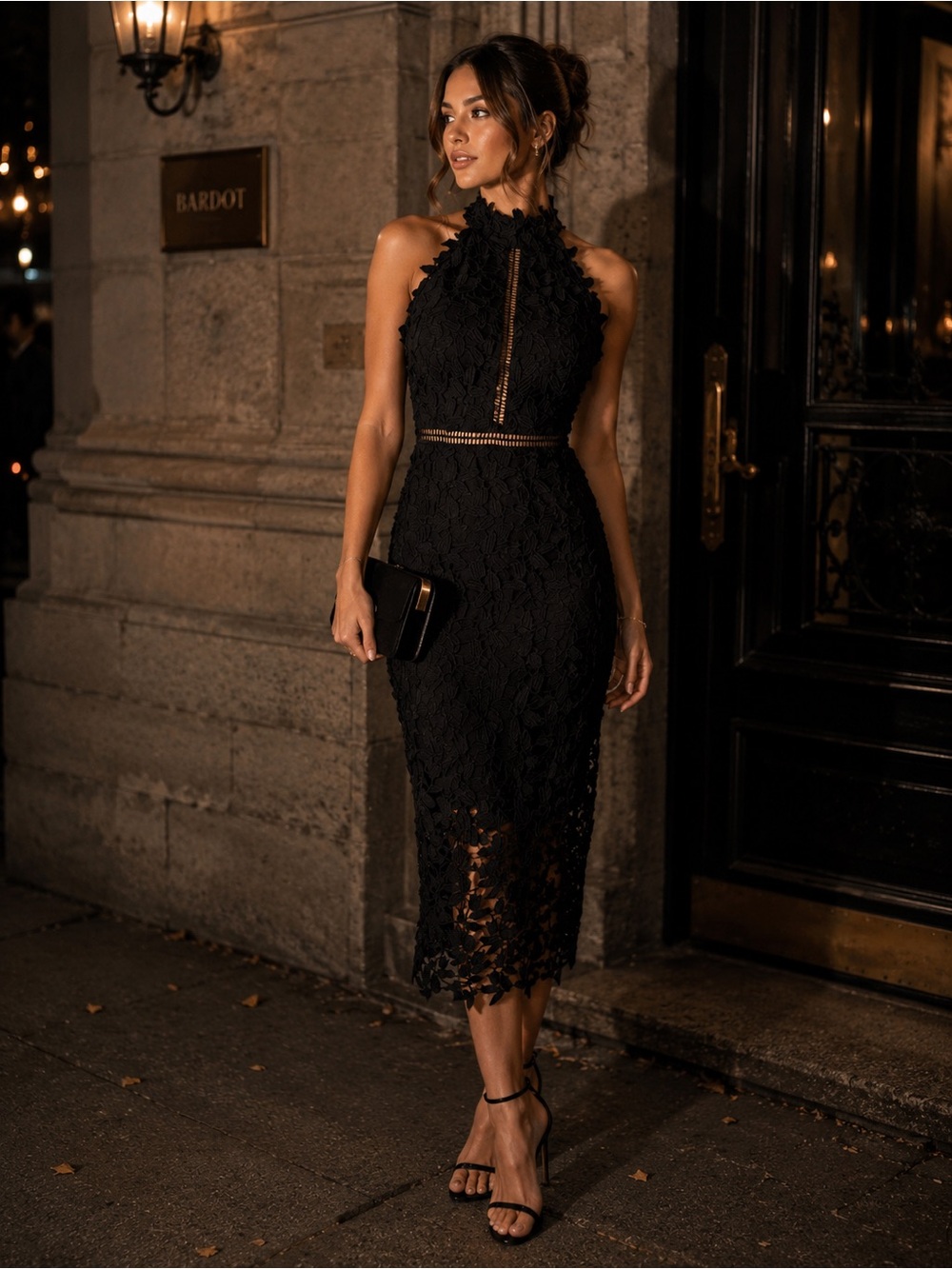 Bardot Black Floral Lace Halter Midi Dress